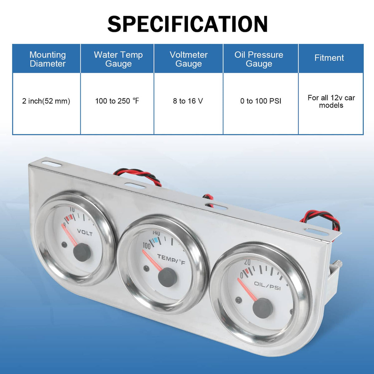 Solidspare Universal 2'' 52mm Volt Water Oil Pressure Triple 3 Gauge Set Gauges Chrome Kit