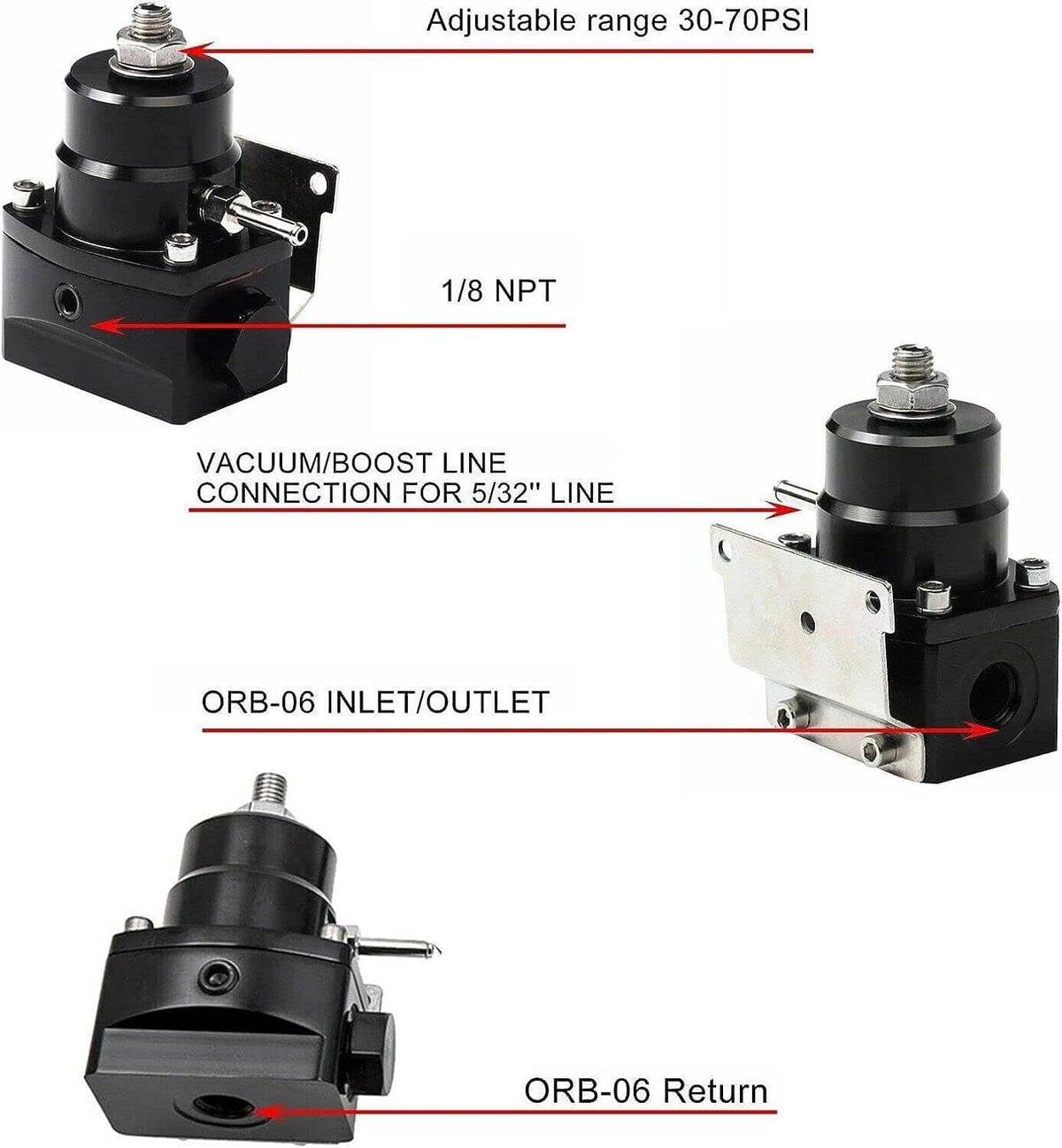 Solidspare Universal Adjustable Fuel Pressure Regulator Kit 100psi Guage AN6 Fitting Black