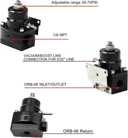 Solidspare Universal Adjustable Fuel Pressure Regulator Kit 100psi Guage AN6 Fitting Black