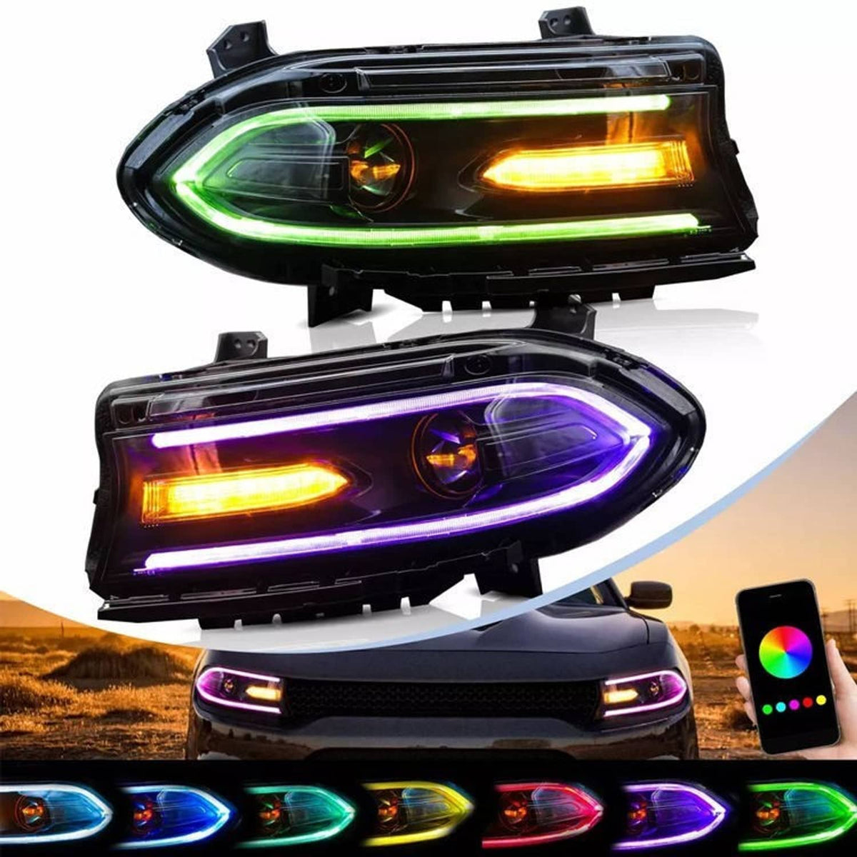 Solidspare Pair For 2015-2021 Dodge Charger LED Projector Headlights RGB Color Change Lamps
