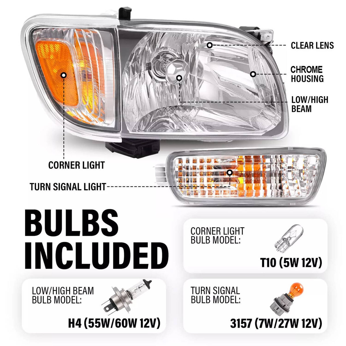 Solid Spare Pair Headlights Corner Signal Lights Lamp w/All Bulbs For Toyota Tacoma 2001-04