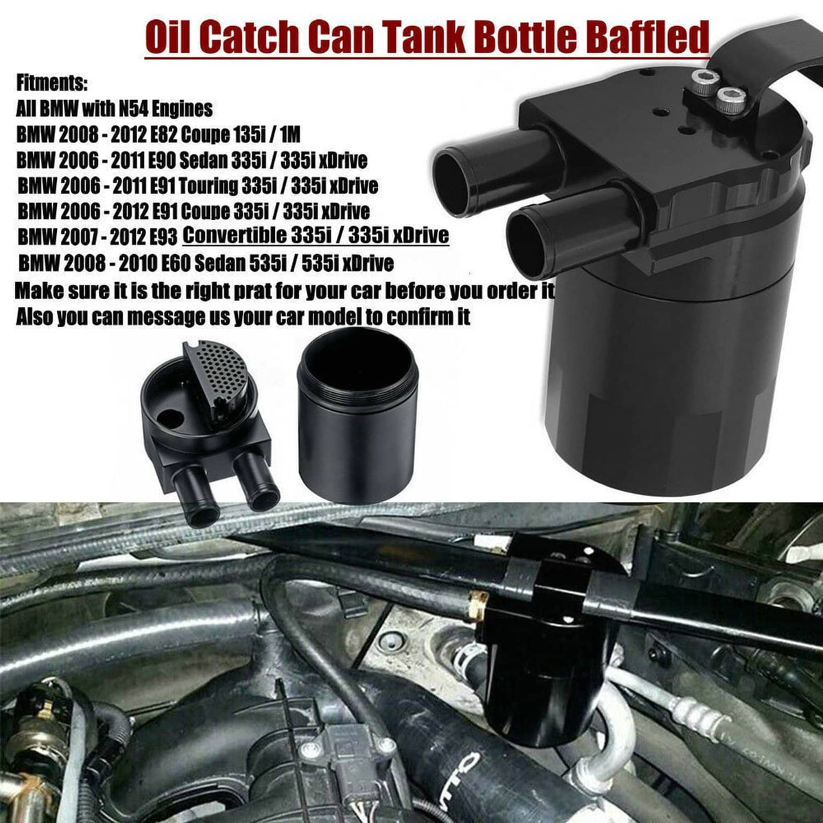 Solidspare Billet Aluminum Black Oil Catch Can Tank Bottle Baffled For BMW N54 335i 535i