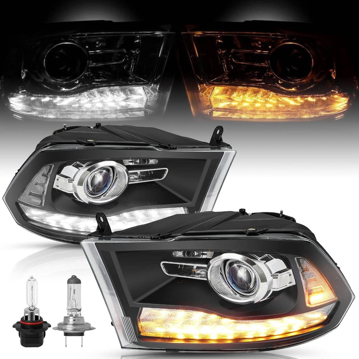 Solidspare For 2009-2018 Dodge Ram 1500 2500 3500 Black Projector Headlights with LED DRL