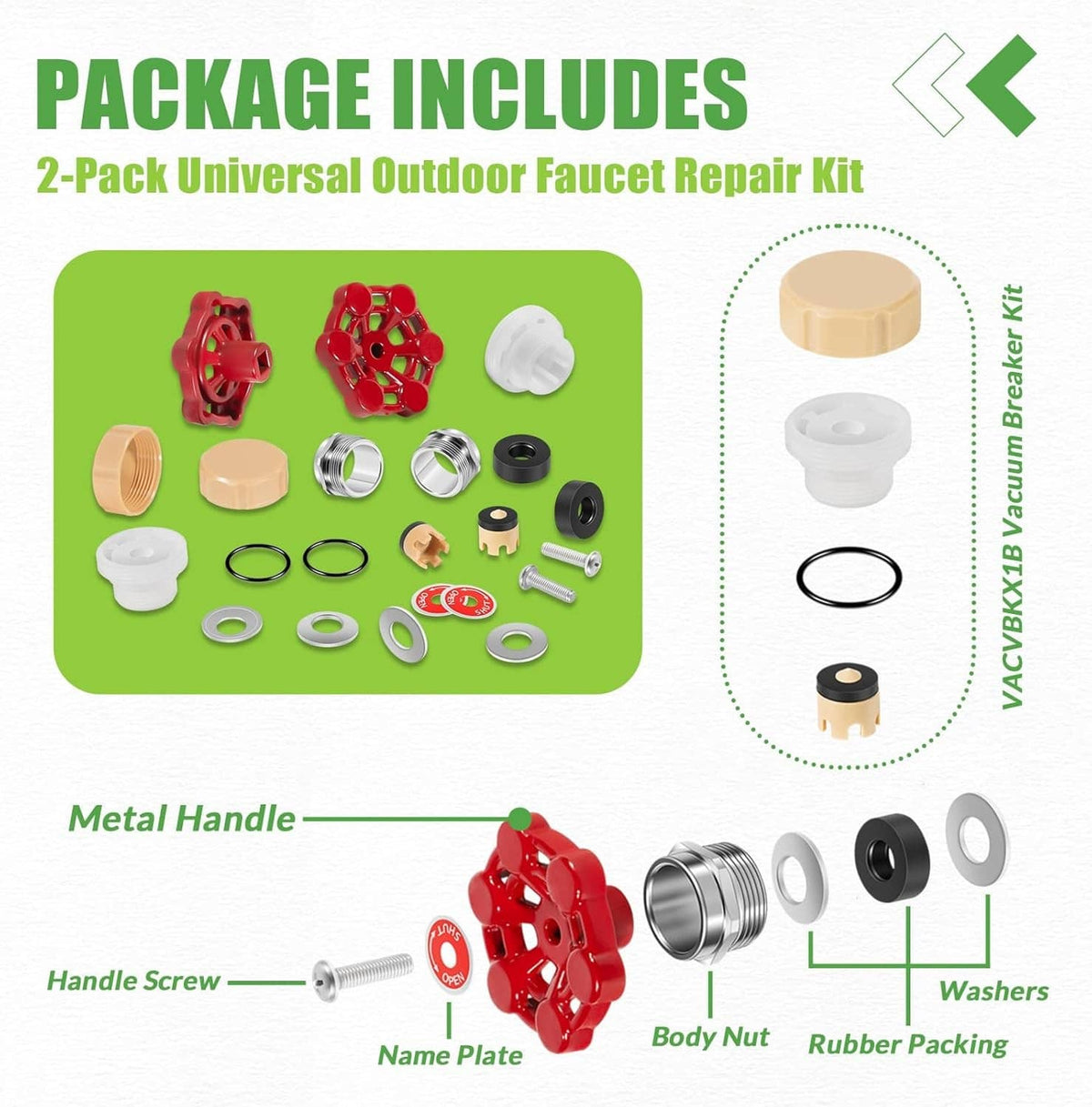 Solidspare for ASSE 1019-A Outdoor Faucet Repair Kit w/VACVBKX1B Vacuum Breaker kit, 2 Pack