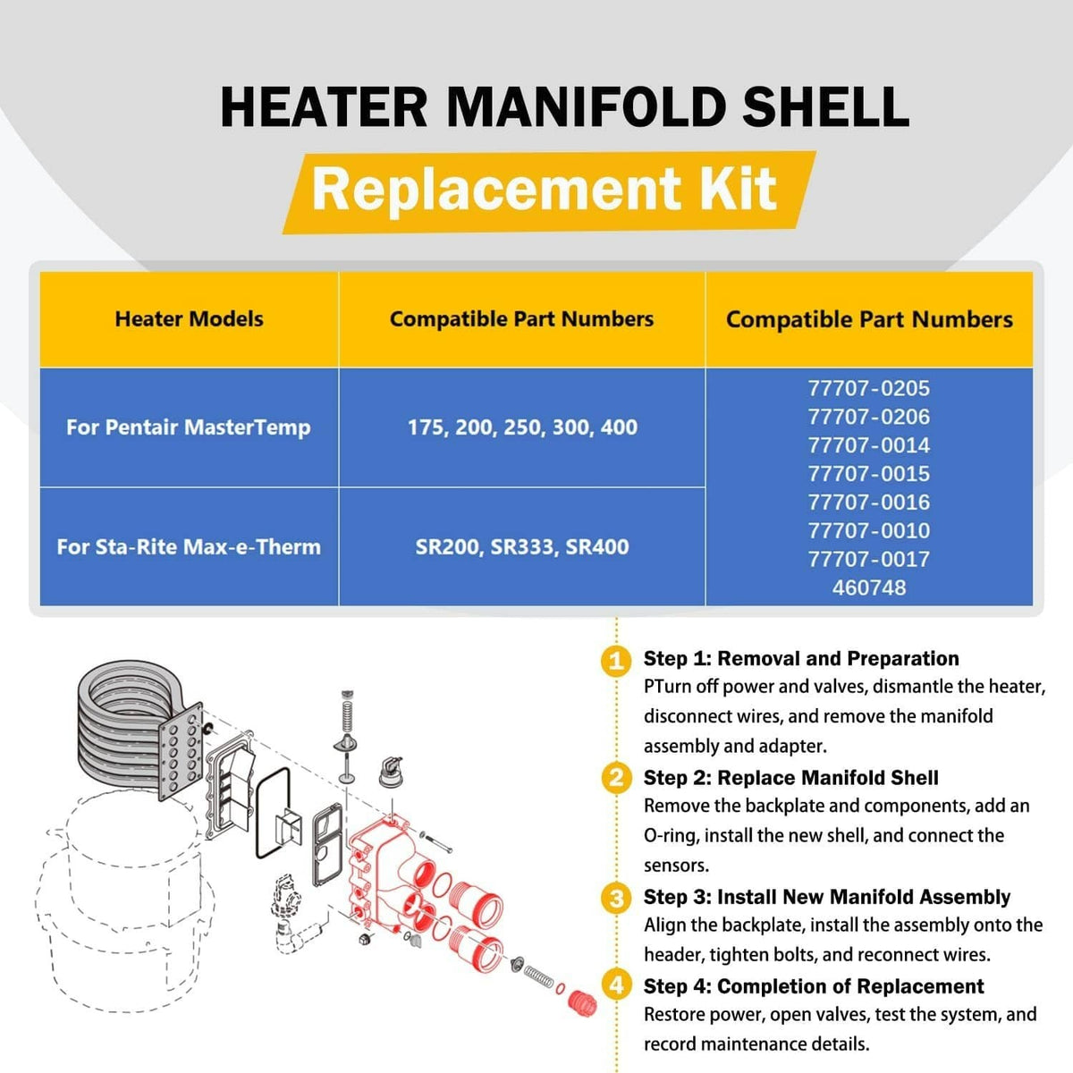 Solidspare Pool Heater Manifold Assembly Replacement Kit for Pentair MasterTemp 175, 200