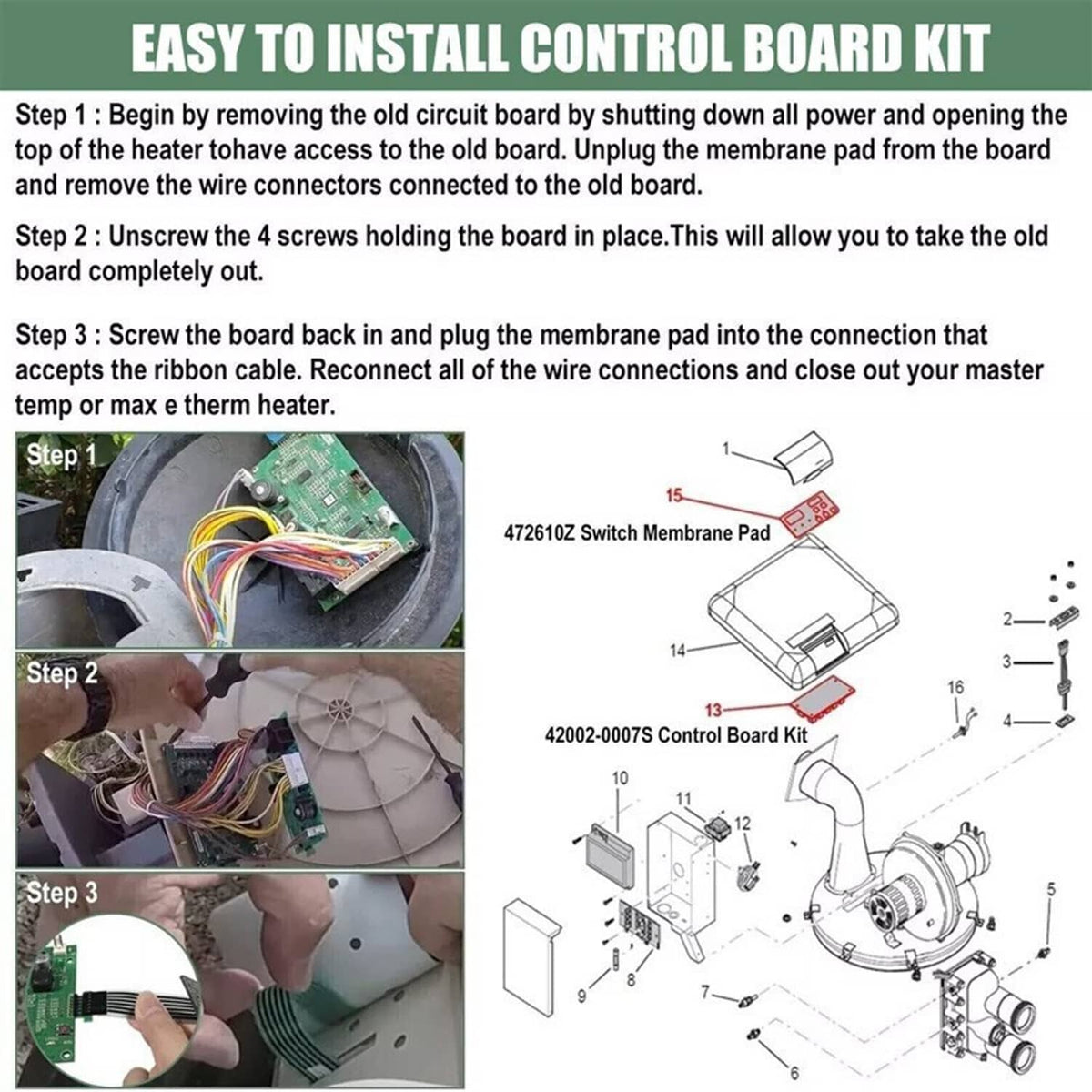 Solidspare Control Board Kit w/ 472610Z Switch Pad For Pentair Master Temp 400 42002-0007S