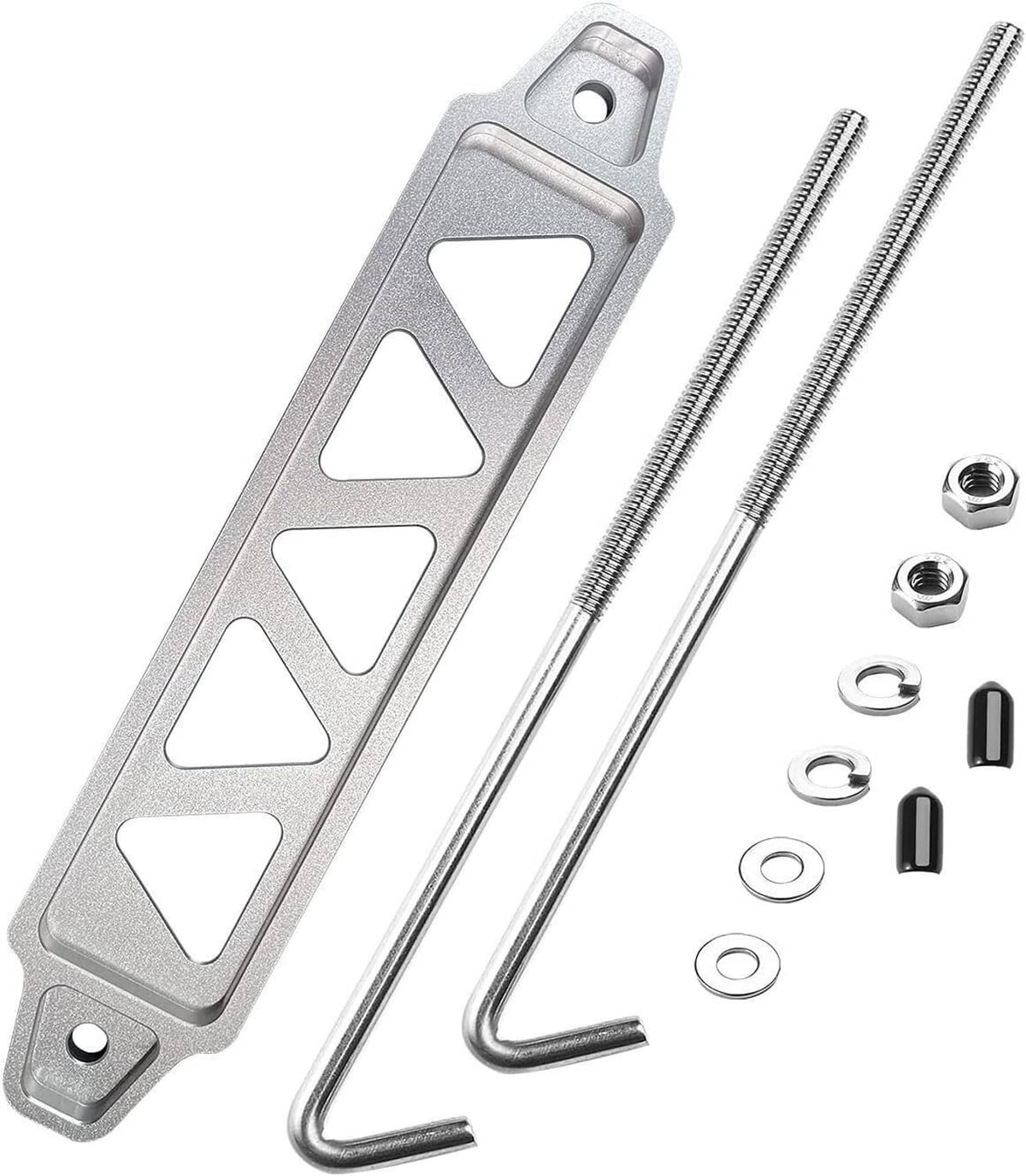 Solidspare Aluminum Car Battery Hold Tie Down Bracket Mount Kit w/ 10''J-Hooks Bolts Silver