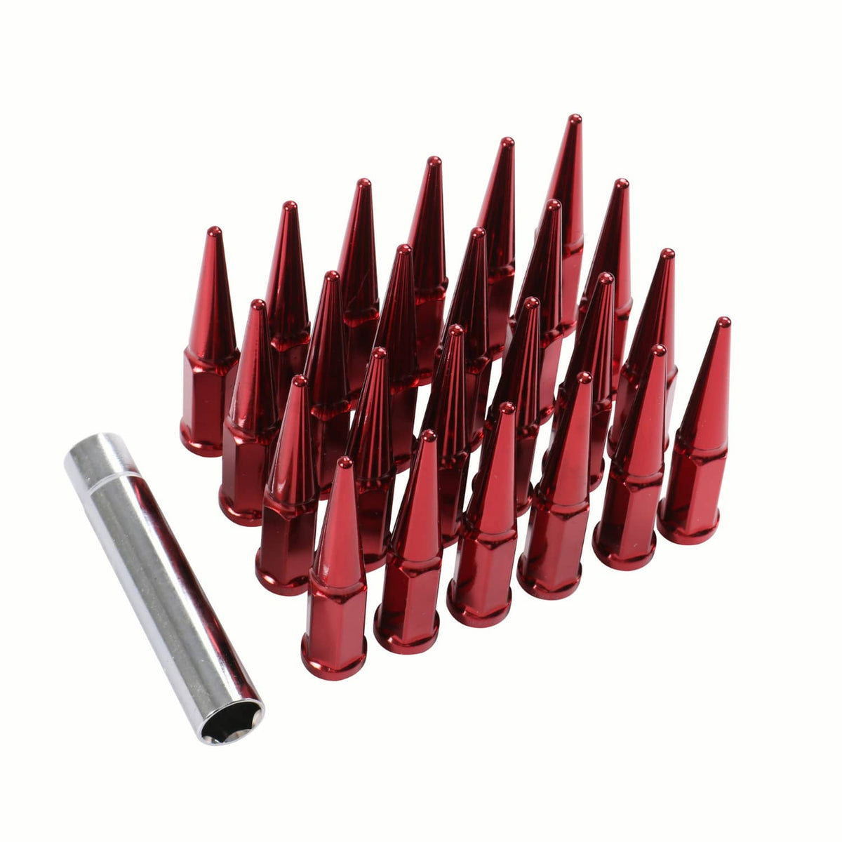 Solidspare 24 PCS Spike Lug Nuts 14x1.5 Red For Chevy Silverado Tahoe 4.4" Tall W/ Key