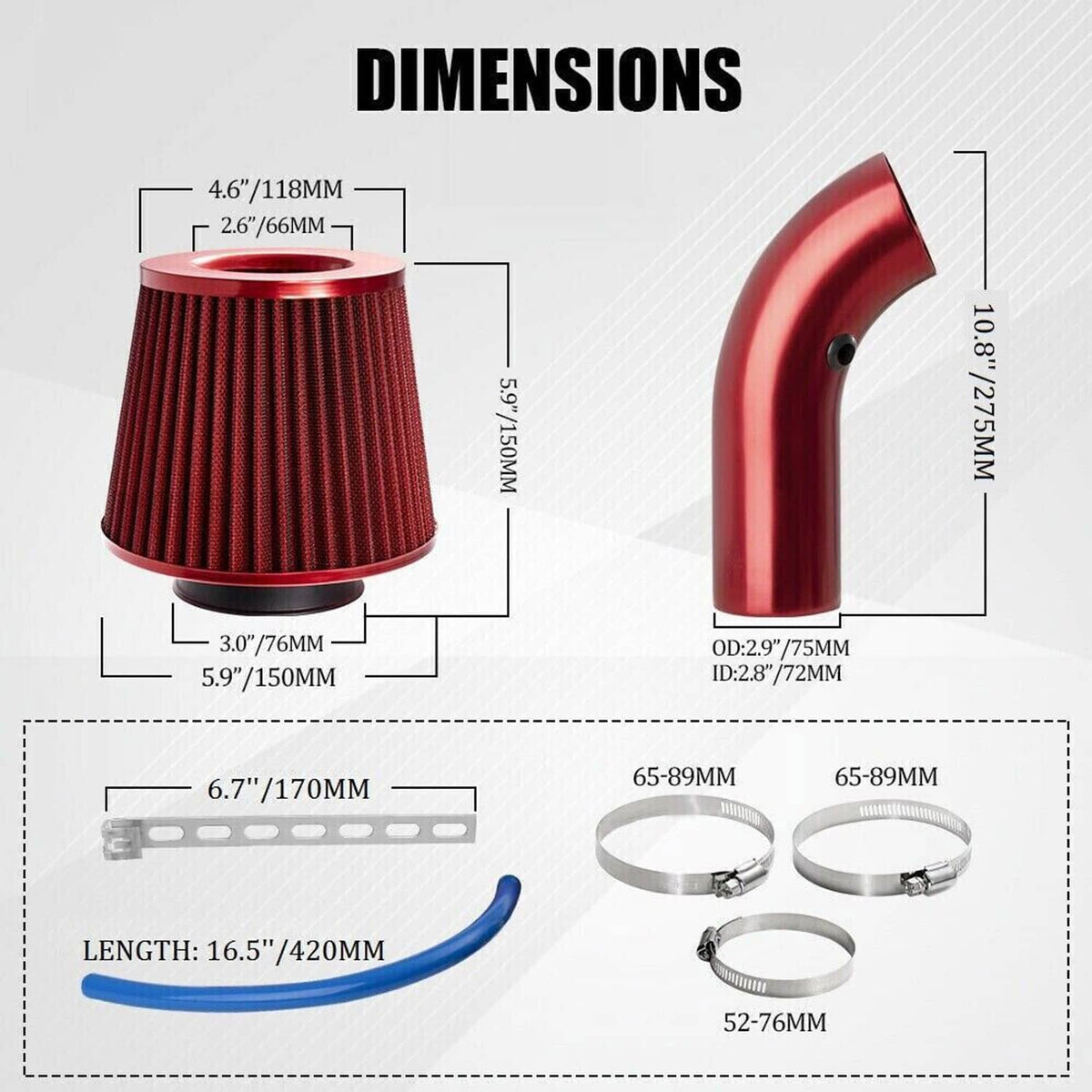 Solidspare 3"/76mm Car Cold Air Intake Filter Induction Kit Pipe Power Flow Hose System New