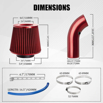 Solidspare 3"/76mm Car Cold Air Intake Filter Induction Kit Pipe Power Flow Hose System New