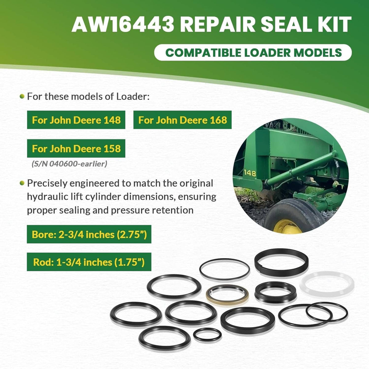 Solid Spare AW16443 Hydraulic Cylinder Seal Kit For John Deere 148 158 168 Farm Loader