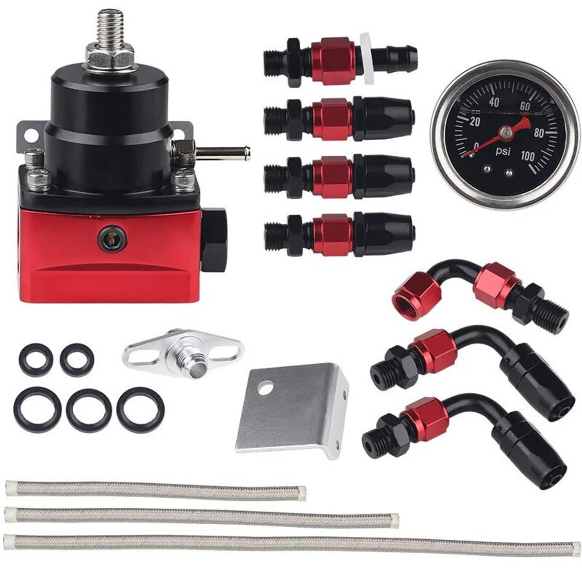Solidspare Black-Red Universal Adjustable Fuel Pressure Regulator Kit Oil 0-100psi Gauge