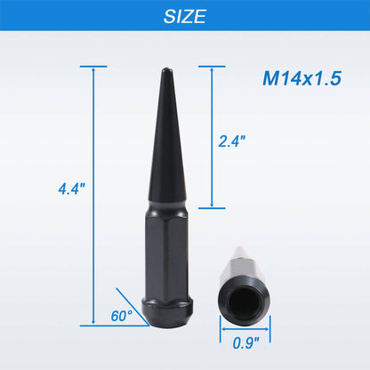 Solidspare 24PCS Spike Lug Nuts 14x1.5 Black For Chevy Silverado Tahoe 4.4" Tall with Key