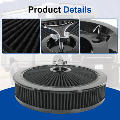 Solidspare 14" X 3" Black Round High Flow Thru Washable Air Cleaner Drop Base For SBC BBC