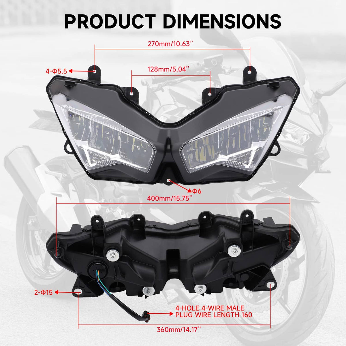 Solidspare LED Headlight Assembly w/ Stay Fairing Bracket For Kawasaki Ninja 400 2018-2024