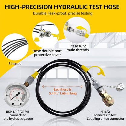 Solidspare 60Mpa Hydraulic Pressure Test Set 5 Gauges 13 Couplings 14 Tee Connectors 5 Hose
