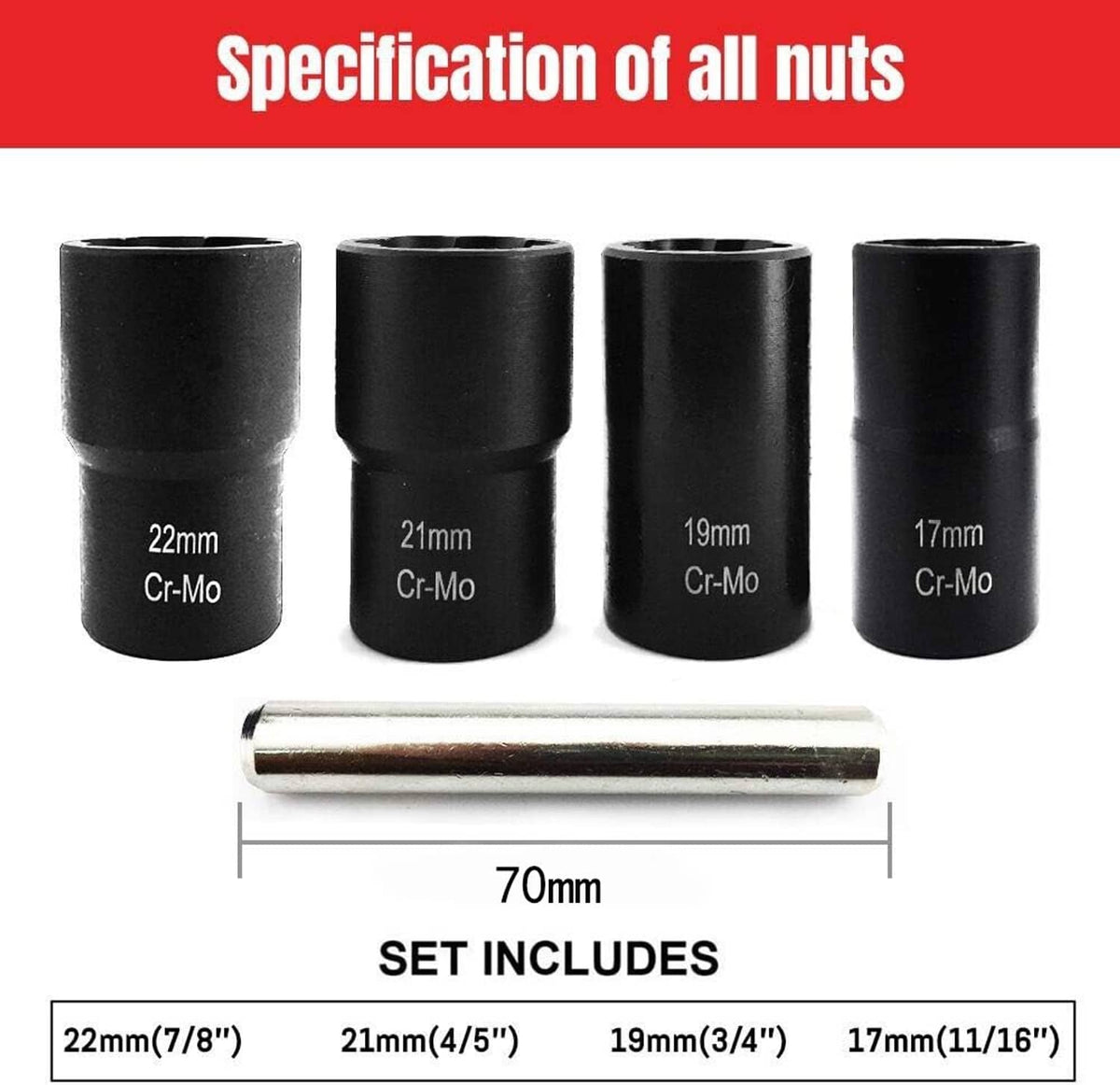 Solid Spare 5Pc Wheel Lug Nut Remover 1/2" Drive Twist Socket Kit Remove Damaged Locked Nut