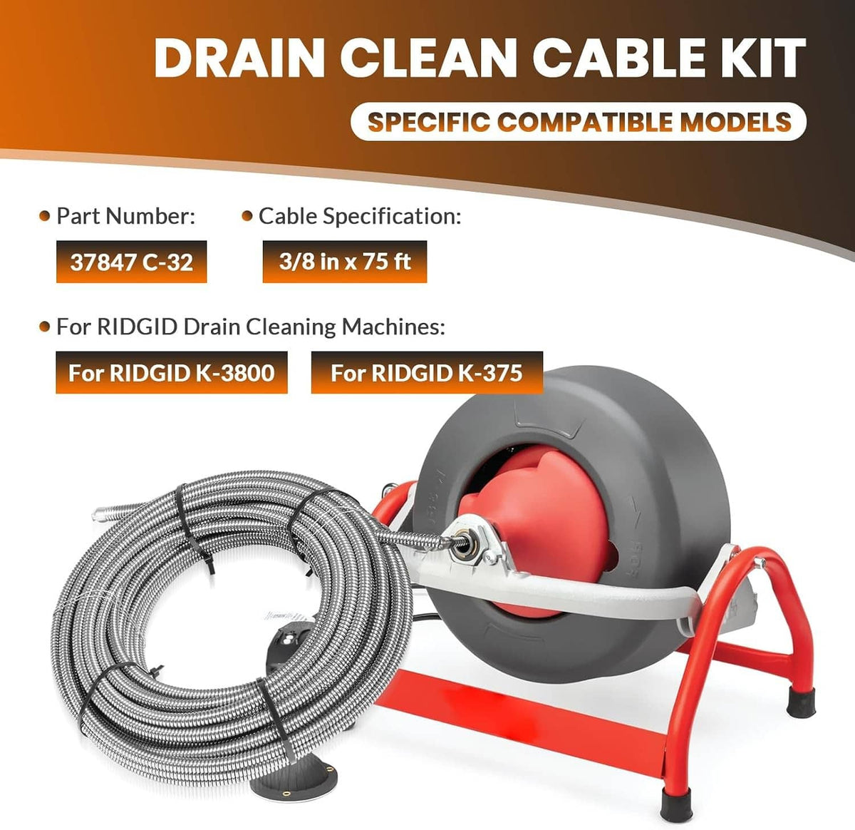 Solidspare 37847 C-32 Inner Core 3/8" x 75' Drain Cleaning Cable for K-3800 K-375 Machines