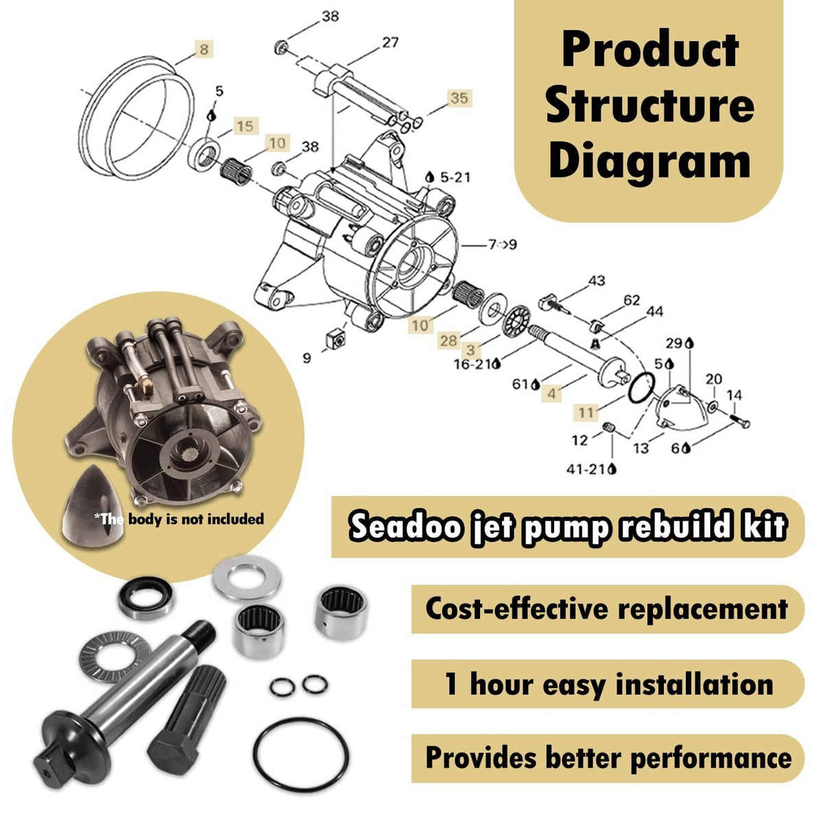 Solid Spare For 1994-2002 SeaDoo Jet Pump Rebuild Kit Wear Ring Impeller Shaft Seal Oil Tool