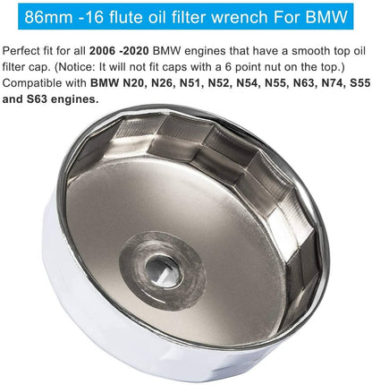 Solid Spare Oil Filter Wrench Chrome 86mm for BMW N20 N26 N51 N52 N54 N55 N63 N74 S55 S63
