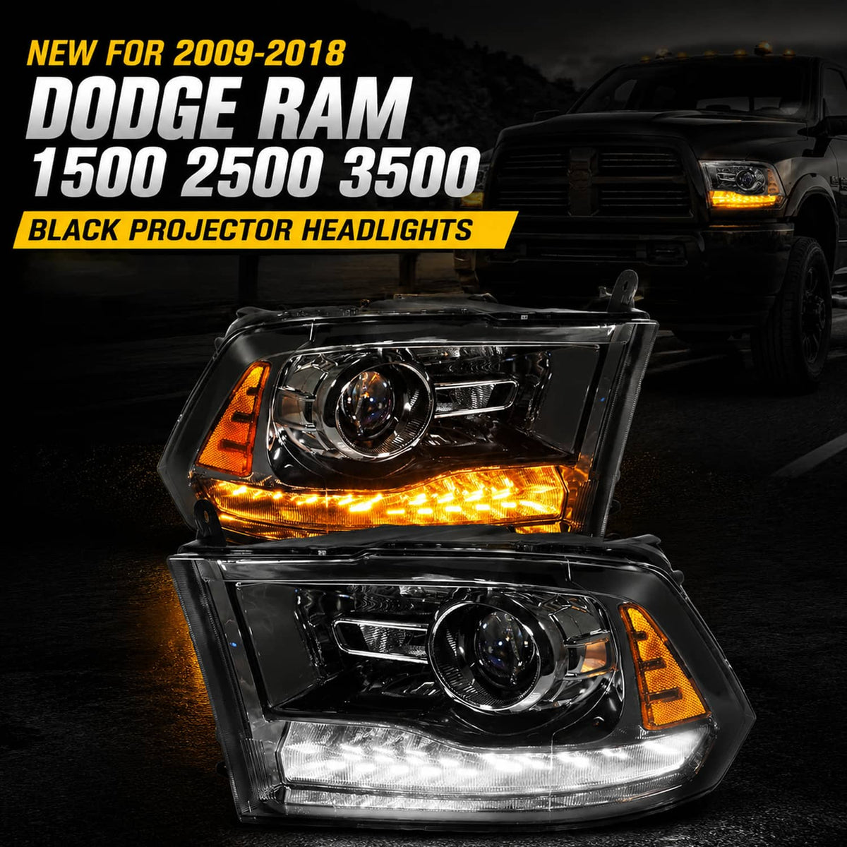 Solidspare For 2009-2018 Dodge Ram 1500 2500 3500 Black Projector Headlights with LED DRL