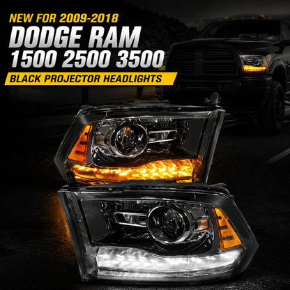Solidspare For 2009-2018 Dodge Ram 1500 2500 3500 Black Projector Headlights with LED DRL