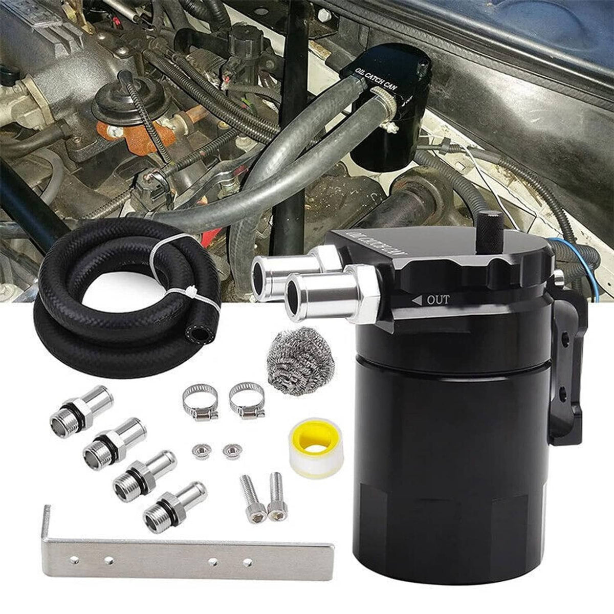 Solidspare Baffled Oil Catch Can Kit Reservoir Tank with Dipstick Fuel Hose Line Bracket