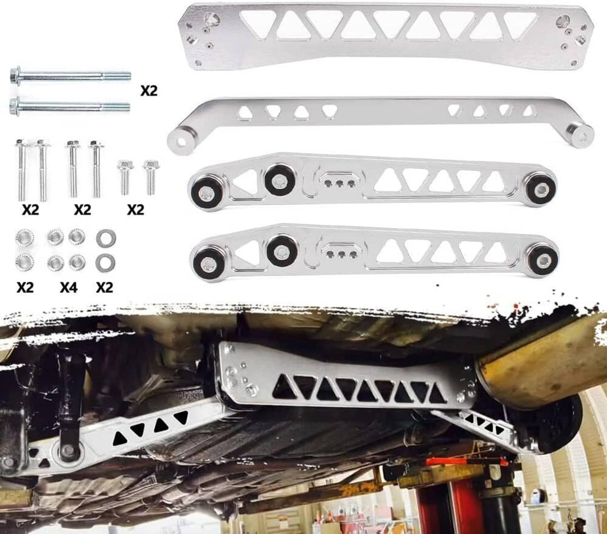 Solidspare Rear Lower Control Arms Subframe Brace Tie Bar for Honda Civic EK 96-00 Silver