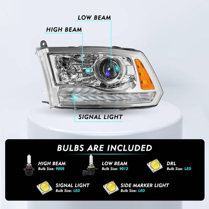 Solidspare For 2009-2018 Dodge Ram 1500 2500 3500 Pickup w/LED Projector Chrome Headlights