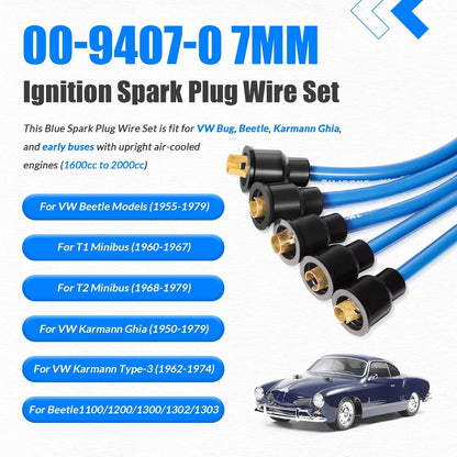 Solidspare 7mm Blue Ignition Spark Plug Wire Set 00-9407-0 Compatible with VW Type 1