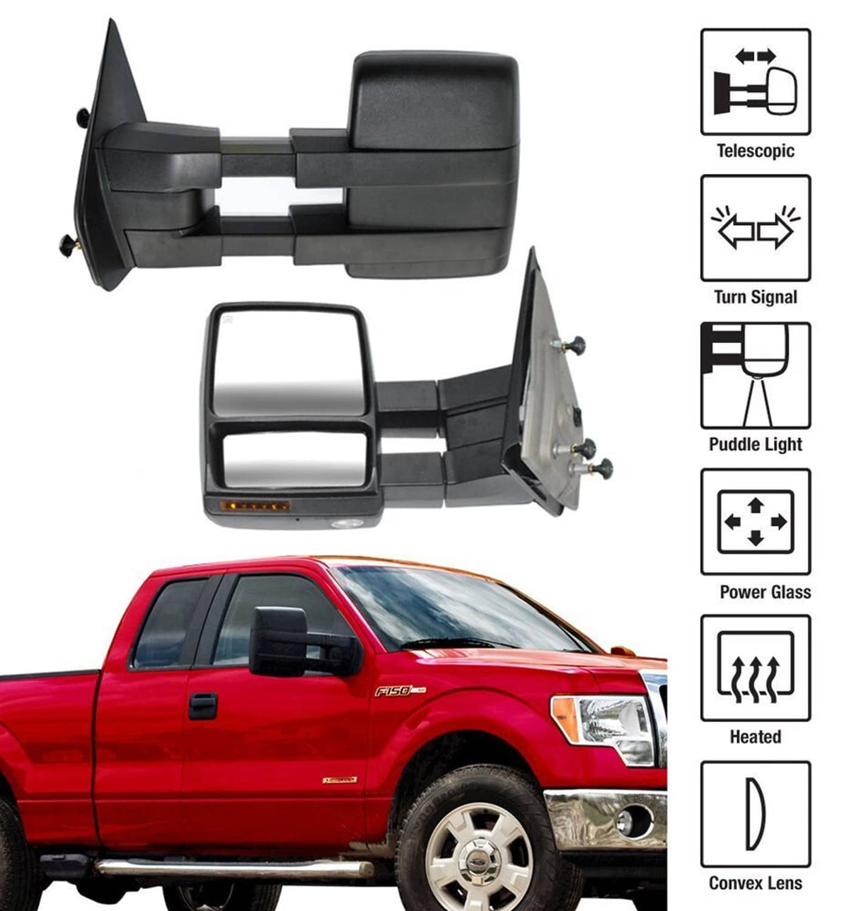 Solidspare For 2007-2014 Ford F150 Pickup Towing Power Heated Tow Mirrors Set Signal puddle