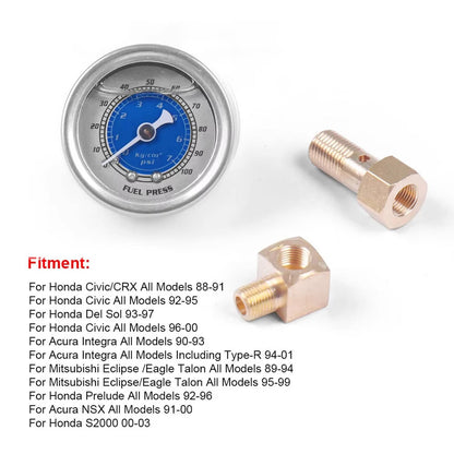 Solid Spare Liquid Filled Meter Fuel Pressure Gauge 1/8 NPT 100PSI For VMS Honda Acura Civic