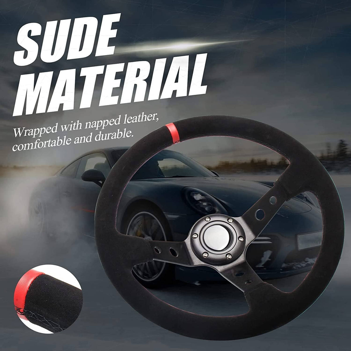 Solidspare 14" 350mm Racing Suede Leather Steering Wheel With Horn Button+Quick Release Kit