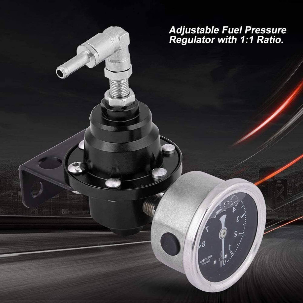 Solidspare Aluminum Universal Adjustable Fuel Pressure Regulator + Gauge+ Fitting Kit Black