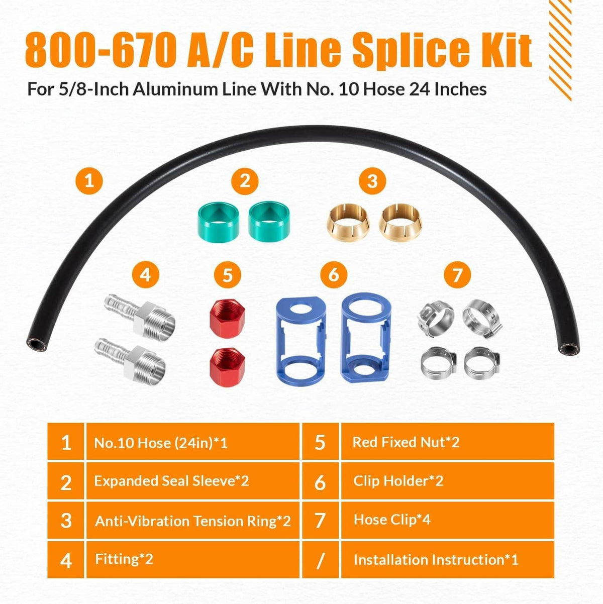 Solidspare 800-670 A/C Line Splice Kit for 5/8” Line With No.10 Hose, Line to Hose Repair