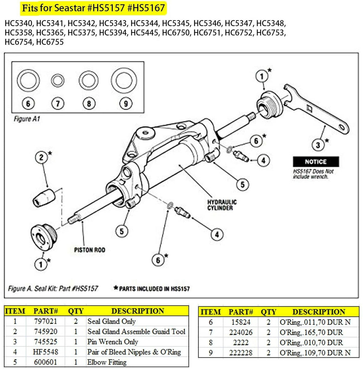 Solid Spare Front Mount Hydraulic Steering Cylinder Seal Kit w/Pin Wrench for Seastar