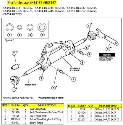 Solid Spare Front Mount Hydraulic Steering Cylinder Seal Kit w/Pin Wrench for Seastar