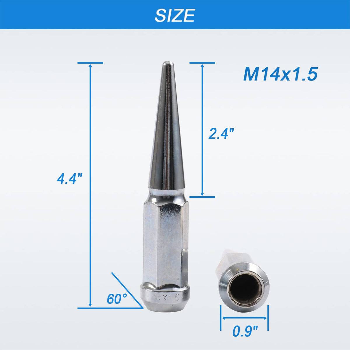 Solidspare 24 PCS M14x1.5 Spike Lug Nuts Chrome For Chevy Silverado Tahoe 4.4" Tall W/ Key