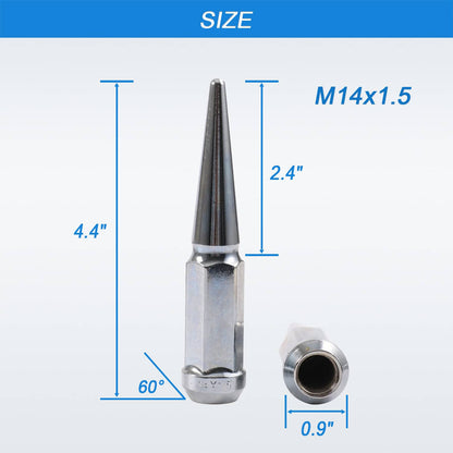 Solidspare 24 PCS M14x1.5 Spike Lug Nuts Chrome For Chevy Silverado Tahoe 4.4" Tall W/ Key