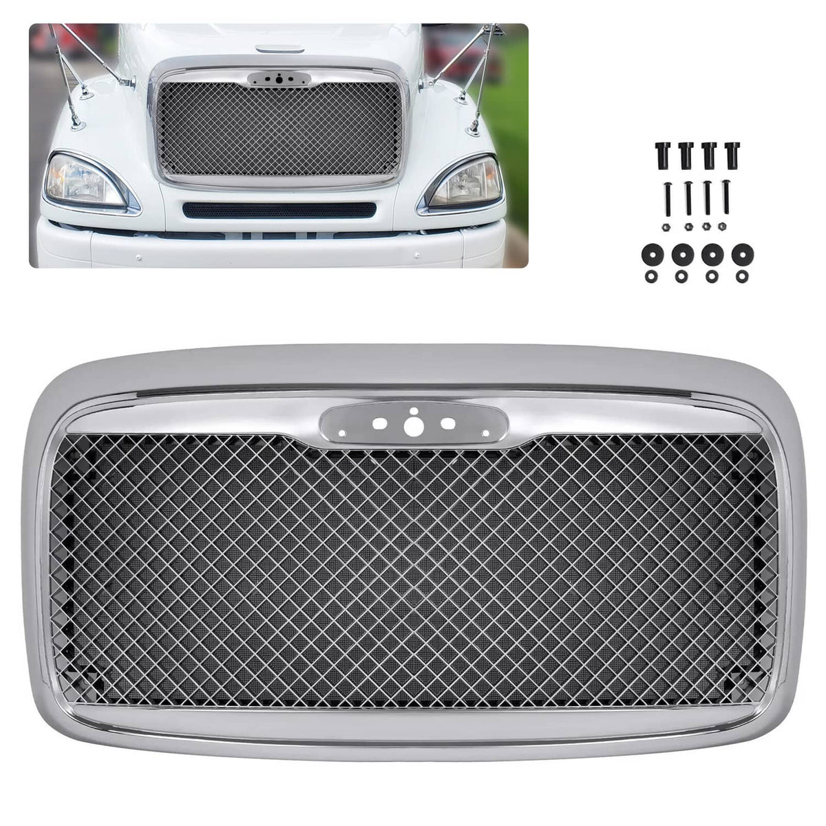 Solid Spare Fits 00-12 Freightliner Columbia Front Grille W/BUG Screen Chrome Mesh Style