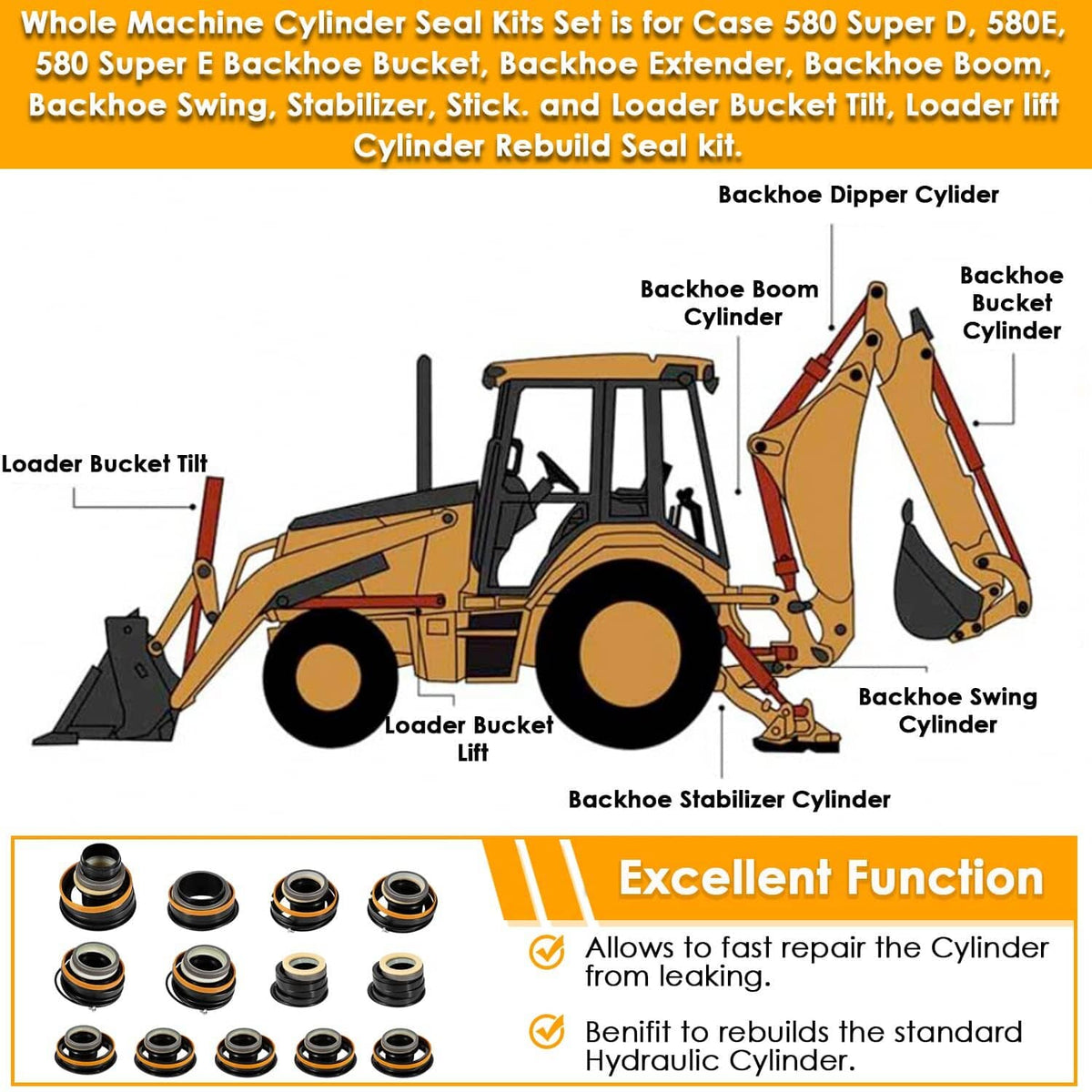 Solid Spare Hydraulic Cylinder Seal Kit Fit Case 580E 580SE 580SD Backhoe Whole Machine