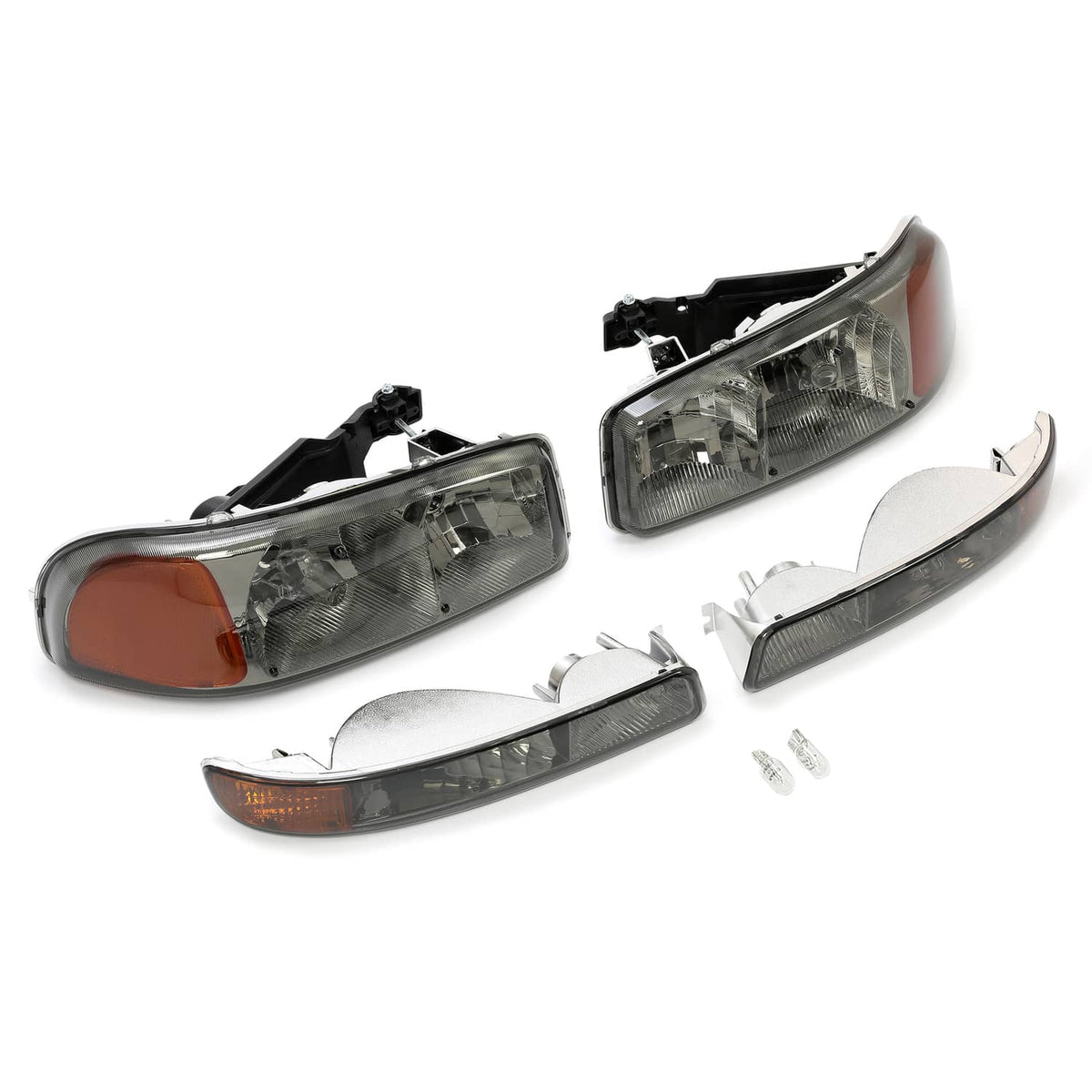 Solid Spare Chrome Headlights+Bumper Lamp Smoke Lens For GMC Sierra 1500 Yukon XL 1999-2007