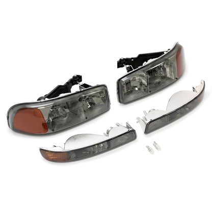 Solid Spare Chrome Headlights+Bumper Lamp Smoke Lens For GMC Sierra 1500 Yukon XL 1999-2007