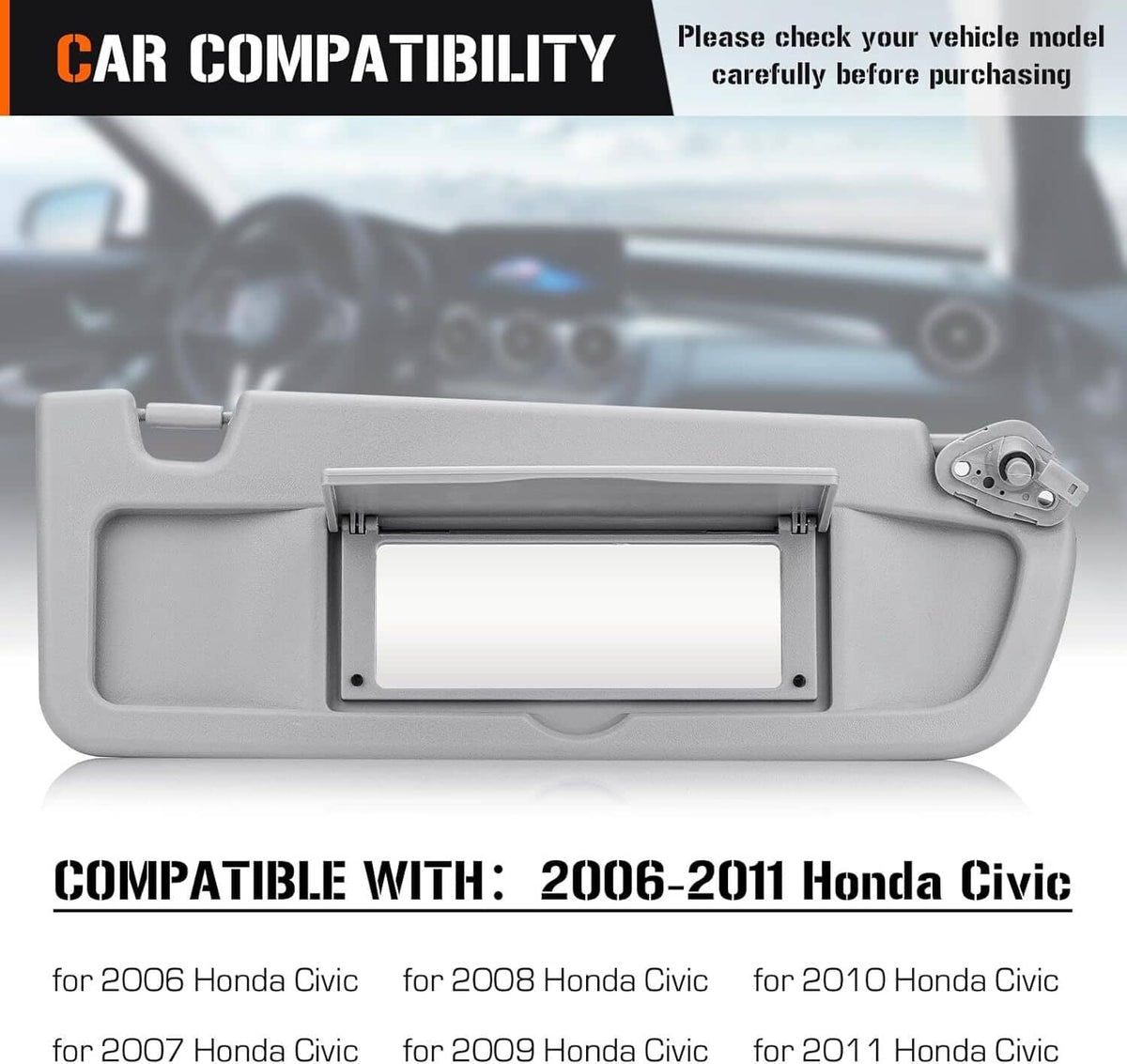 Solidspare Grey Passenger Side Right Sun Visor For 2006-2011 Honda Civic Sedan/Coupe