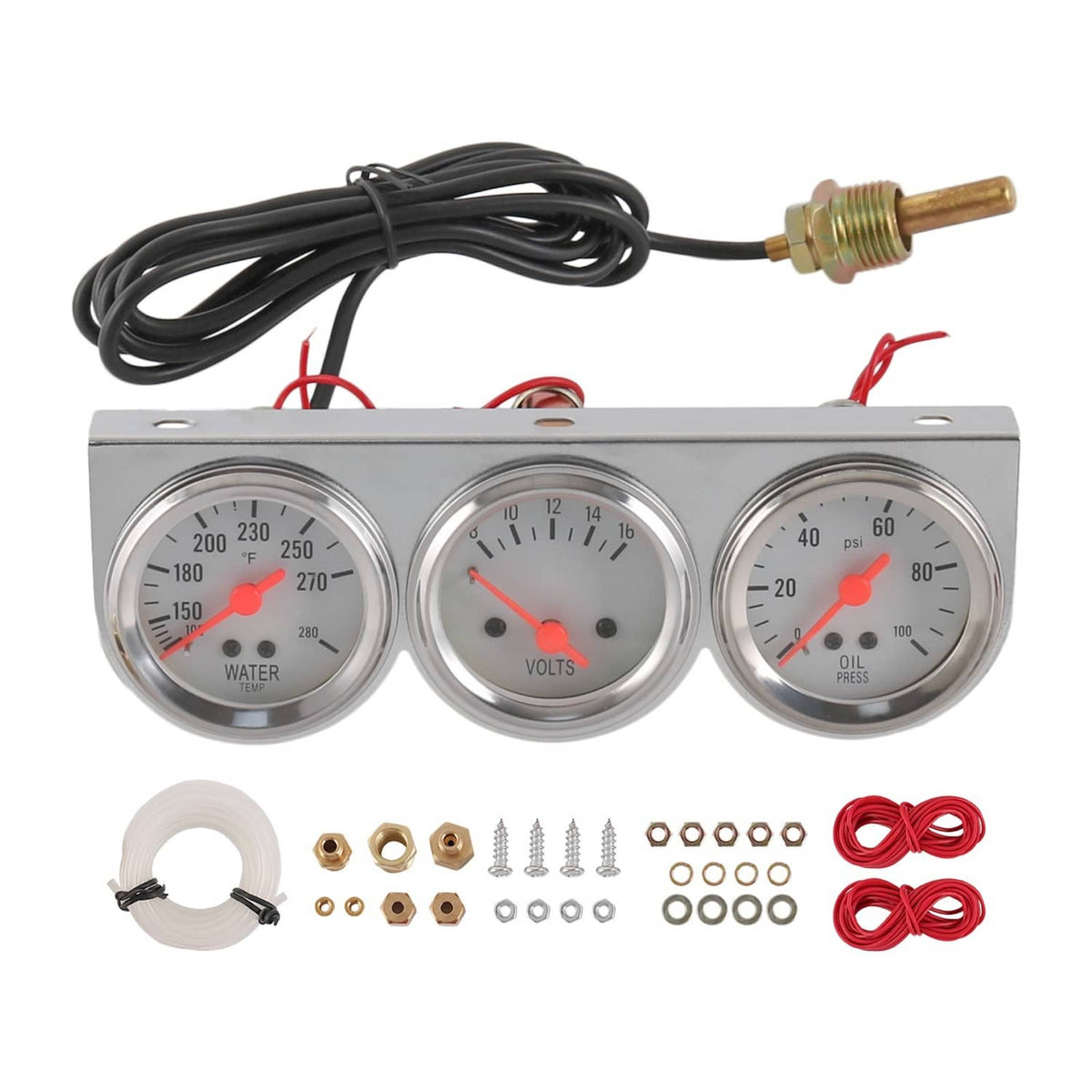 Solidspare Chrome 2'' 52mm Mechanical Triple Gauge Set Water Temp Oil Pressure Volt Meter