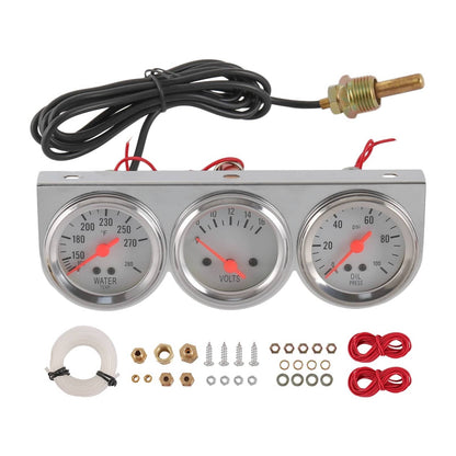 Solidspare Chrome 2'' 52mm Mechanical Triple Gauge Set Water Temp Oil Pressure Volt Meter
