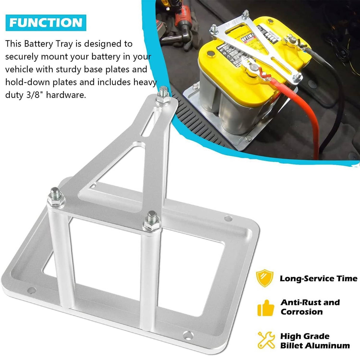 Solidspare Billet Car Battery Tray Hold Down Trunk Relocation Box Aluminum Racing Mount New