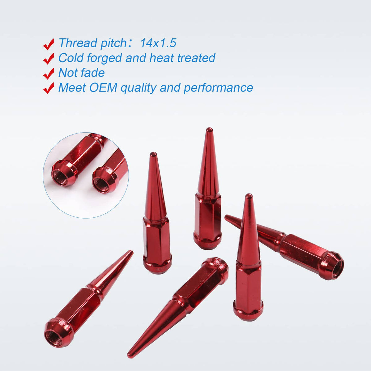 Solidspare 24 PCS Spike Lug Nuts 14x1.5 Red For Chevy Silverado Tahoe 4.4" Tall W/ Key