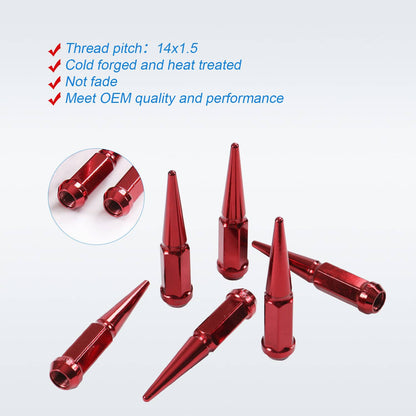 Solidspare 24 PCS Spike Lug Nuts 14x1.5 Red For Chevy Silverado Tahoe 4.4" Tall W/ Key
