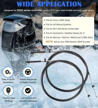 Solid Spare 15ft Gen1 Boat Throttle&Shift Cables for Mercury Outboard 600A Series Controller